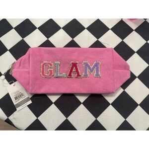 Mud Pie Pink Terry Cloth Cosmetic Bag Pouch GLAM Embroidered Makeup Organizer